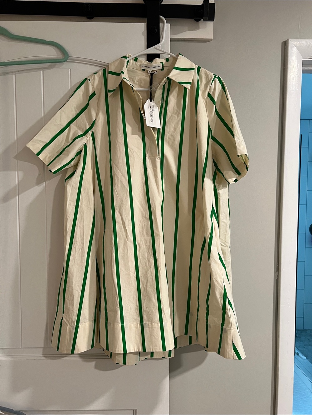 English Factory Cream Mini Dress with Green Stripes